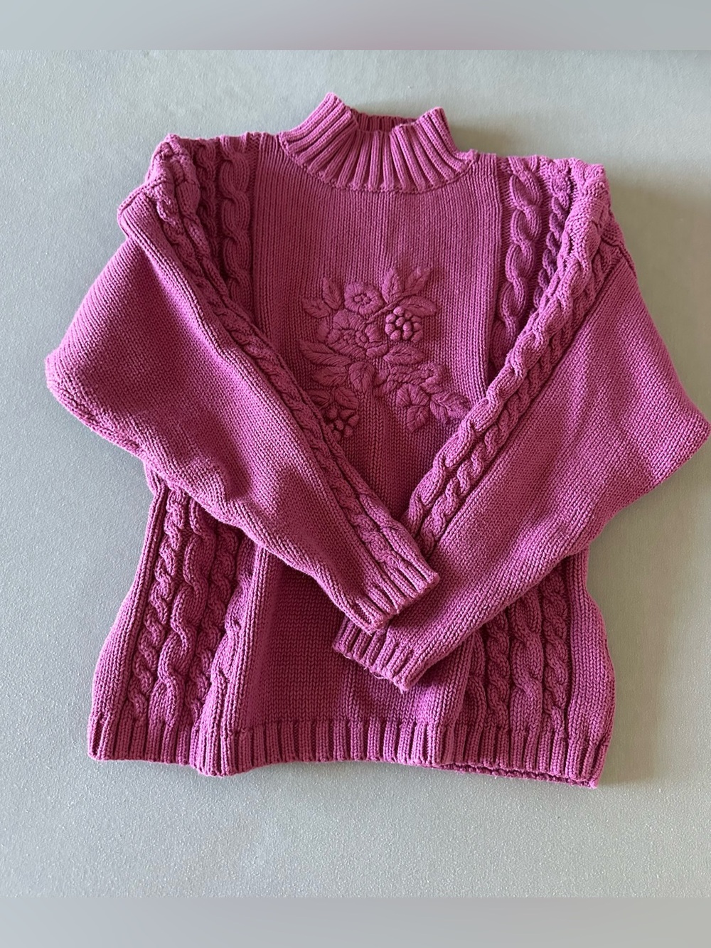 Vintage Eddie Bauer Purple Cable-Knit Mock Neck Sweater w/Floral Embroidery